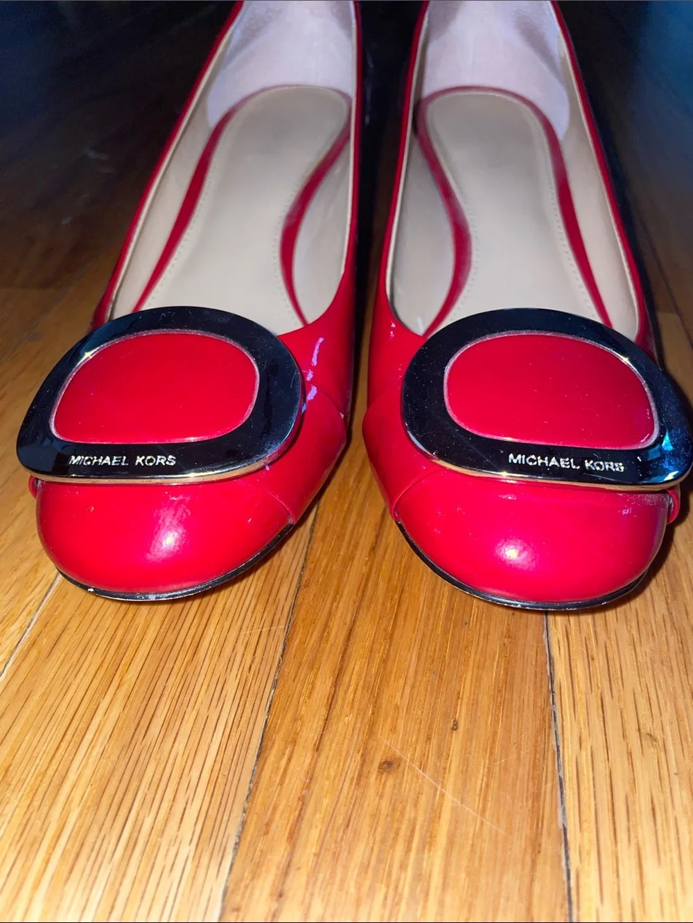 Michael Kors Red Patent Ballet Flats with Logo Buckle